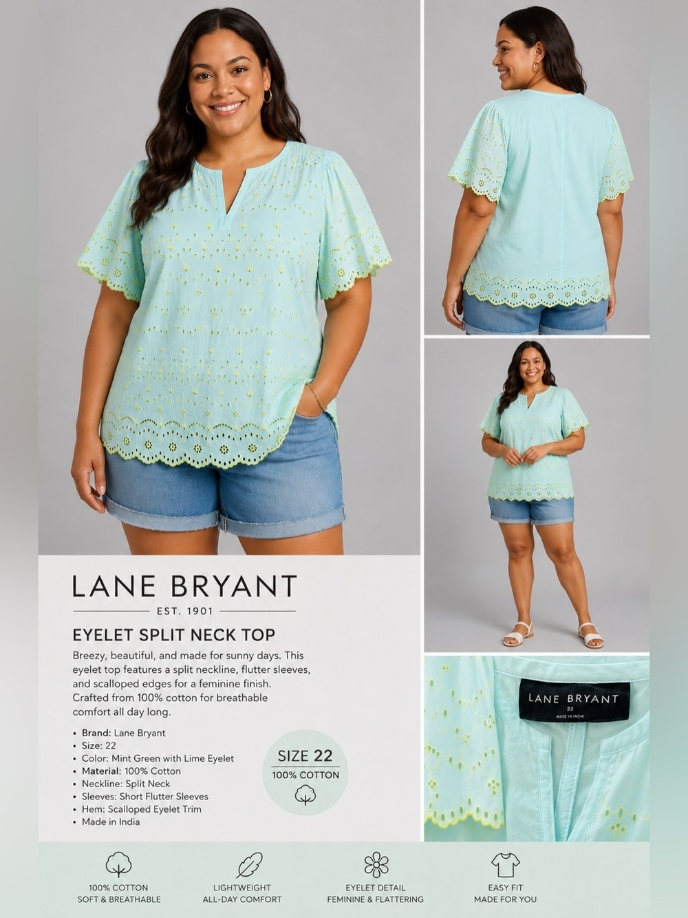 Lane Bryant Eyelet Embroidered Split Neck Blouse Mint Green Lime Yellow Size 22